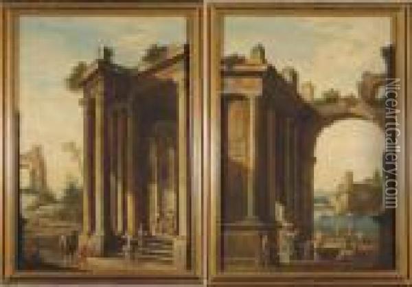 Due Scene Con Rovine Classiche E Personaggi Oil Painting - (Giovanni Antonio Canal) Canaletto