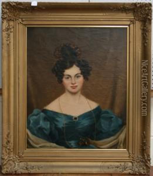 Half Length Portrait Of A Lady Wearing A Blue Decollete Dress Oil Painting - Henry William Pickersgill