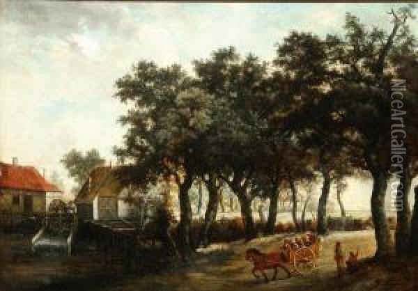 A Wooded Landscape With A Watermill And Figures Oil Painting - Meindert Hobbema