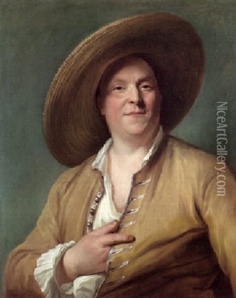 Portrait Of A Gentleman In A Yellow Jacket And Straw Hat Oil Painting - Antoine Pesne