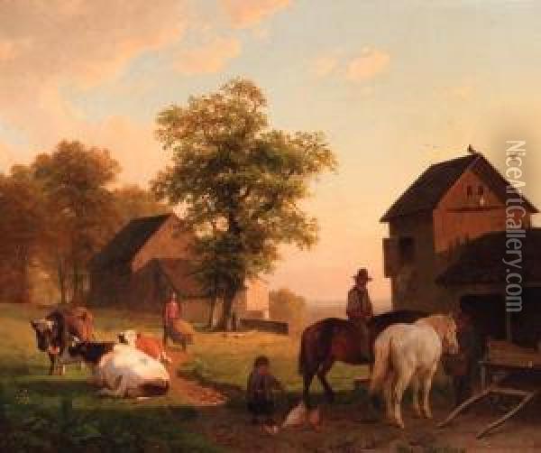 Farmyard With Peasants And Cattle Oil Painting - Jacobus Nicolaas Tjarda Van Stachouwer