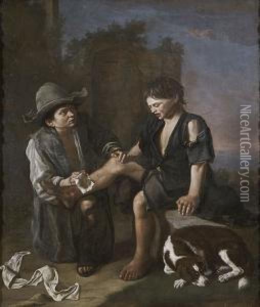 Dos Ninos Mendigos Y Un Perro En Un Paisaje Oil Painting - Pedro Nunez De Villavicencio