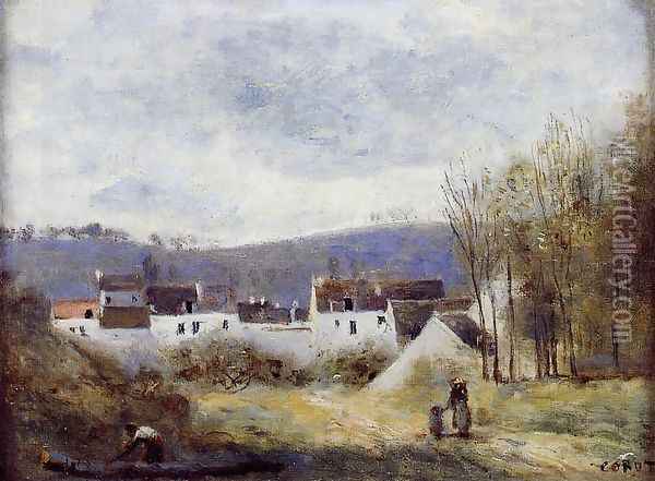 Village at the Foot of a Hill, Ile-de-France Oil Painting - Jean-Baptiste-Camille Corot