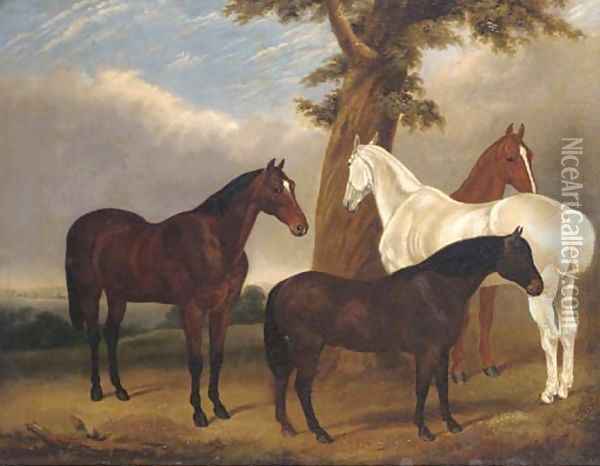 Mares under a tree Oil Painting - English School