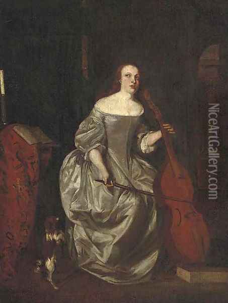 A lady playing a cello in an interior with a dog at her side Oil Painting - Caspar Netscher