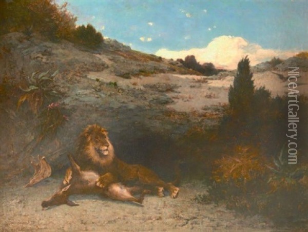 Lion Devorant Une Antilope Oil Painting - Pierre Auguste Brunet-Houard
