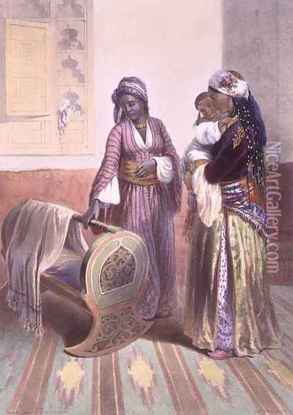 Egyptian Mother and Child with a Habesh, or Abyssinian Slave, illustration from The Valley of the Nile, engraved by Mouilleron, pub. by Lemercier, 1848 Oil Painting - Emile Prisse d'Avennes