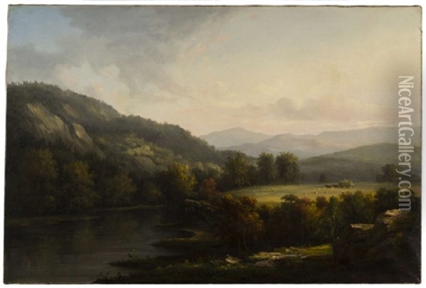 Haying Along The Saco River With The White Mountains In The Distance Oil Painting - John White Allen Scott