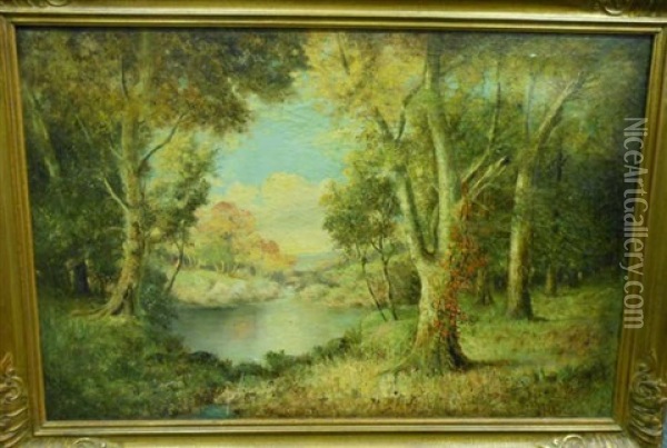 Autumnal Landscape, Distant Lake View Oil Painting - William F. Hardy