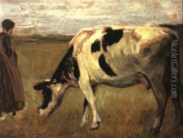 Strickendes Madchen Mit Kuh Oil Painting - Max Liebermann