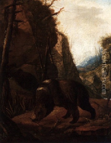 A Mountainous Landscape With Bears Oil Painting - Carl Borromaus Andreas Ruthart