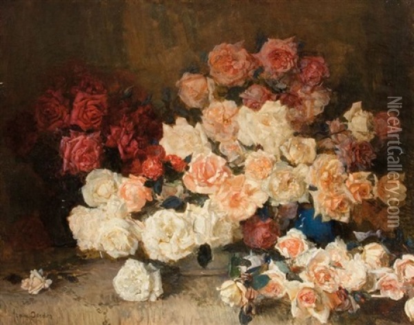 A Still Life With Roses In A Blue Vase Oil Painting - Frans David Oerder