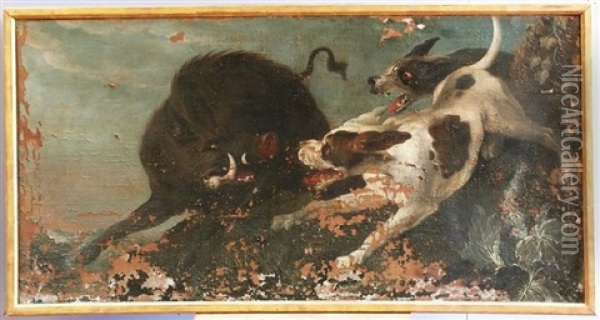 Chiens Attaquant Un Loup (+ Chiens Attaquant Un Sanglier; Pair) Oil Painting - Alexandre Francois Desportes