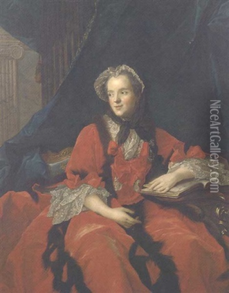 Portrait Of Marie Leczinska, Queen Of France, Seated, Three-quarter Length, In A Red Fur-trimmed Dress In A Palatial Interior Oil Painting - Jean Marc Nattier