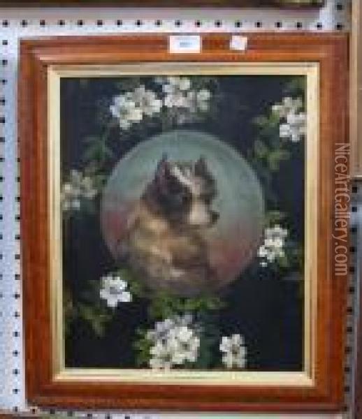Tondo Portrait Of A Terrier Dog Within A Floral Background Oil Painting - George Armfield