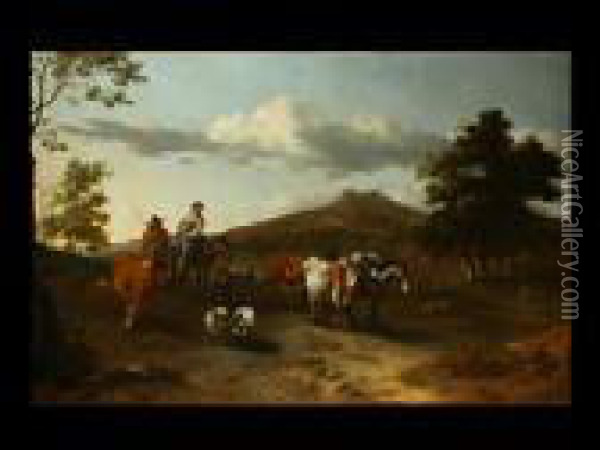 Hirtenzug In Weiter Italienischer Landschaft Oil Painting - Nicolaes Berchem