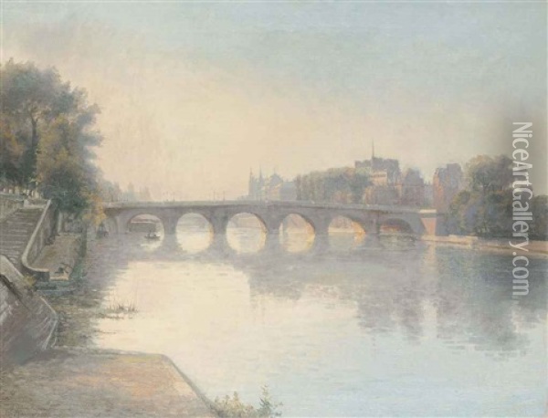 Dusk On The Seine Before The Pont Neuf, Paris Oil Painting - Wilhelm Andersen