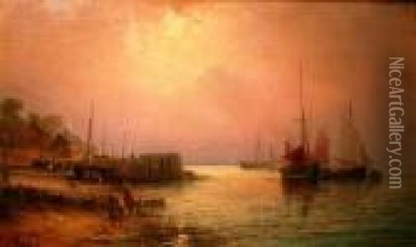 Fishing Boats Off Shore Oil Painting - William A. Thornley Or Thornber