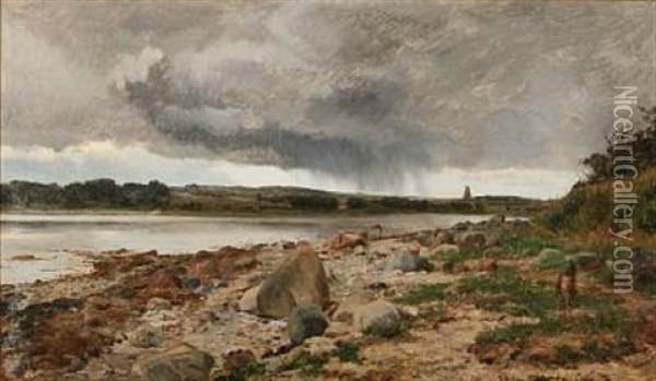 Ved Stranden - Optraekkende Uveir I August (stormy Weather In August At Kalo Vig, Denmark) Oil Painting - Janus la Cour