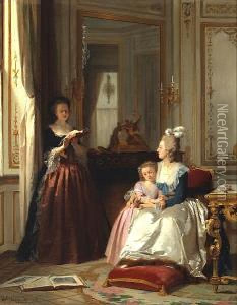 Madame De Lamballe Reading To Marie Antoinette And Her Daughter, Marie Therese Charlotte Oil Painting - Joseph Caraud