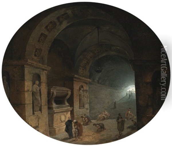 Figures In A Crypt Oil Painting - Hubert Robert