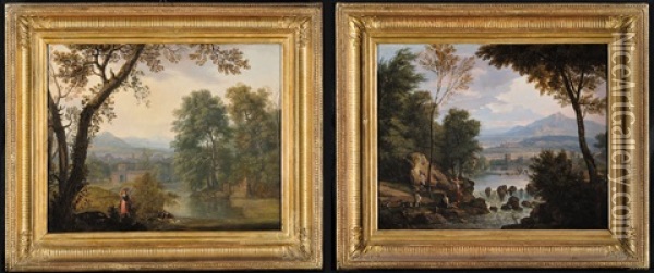 Paesaggio Arcadico Con Lavandaia Presso Un Fiume (+ Paesaggio Arcadico Con Pastore; Pair) Oil Painting - Isaac de Moucheron