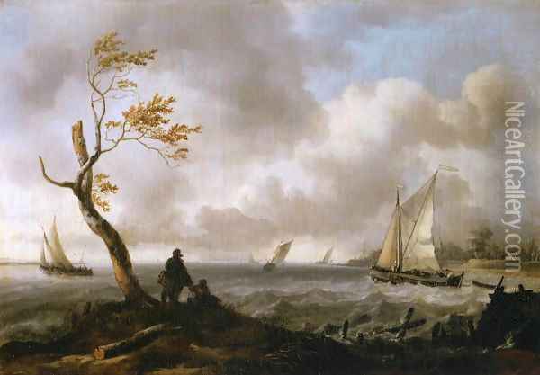 Fishing Boats and Coasting Vessel in Rough Weather Oil Painting - Ludolf Backhuysen