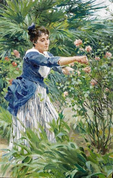 Pruning The Roses Oil Painting - Raffaelo Sorbi