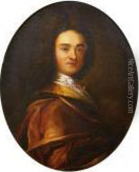 Portrait Of A Gentleman In Three Quarter View To The Right. Oil Painting - Johann Kupetzki