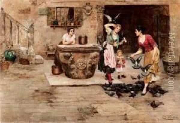 Nel Cortile Con I Piccioni Oil Painting - Cesare C. Vianello