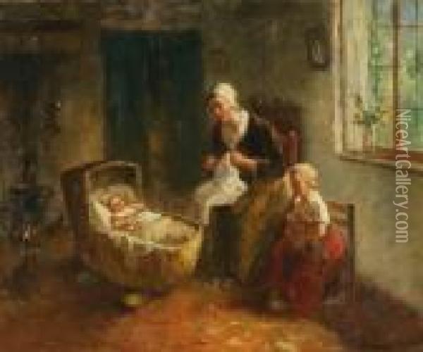 Interior With Amother And Her Children In The Village Of Laren Oil Painting - Bernard Johann De Hoog