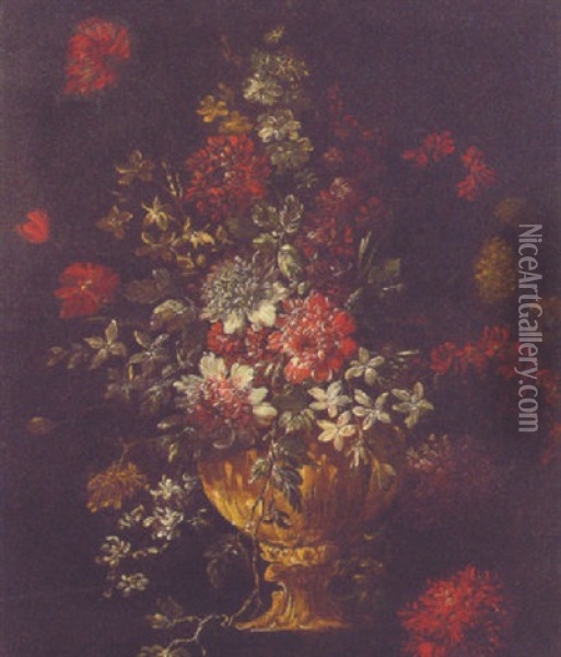 Flowers In A Gilt Urn On A Ledge Oil Painting - Giacomo Recco