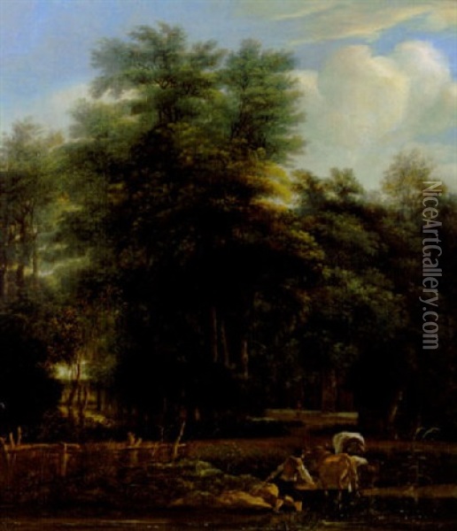 A Cowherd And Cattle At A Ford In A Landscape Oil Painting - Adam Pynacker