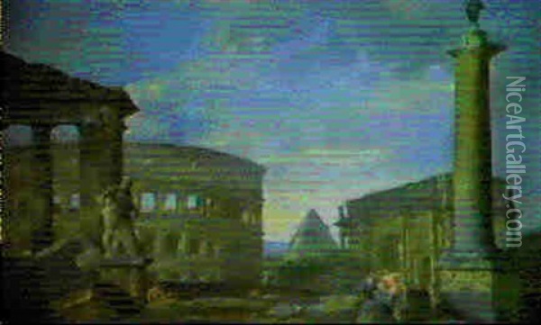 Capriccio Con Rovine Romane Col Colosseo, La Piramide Di    Caio Cestio, L'arco Di Costantino... Oil Painting - Giovanni Paolo Panini