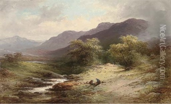 Figures Beside A Highland Stream (pair) Oil Painting - John Burcley