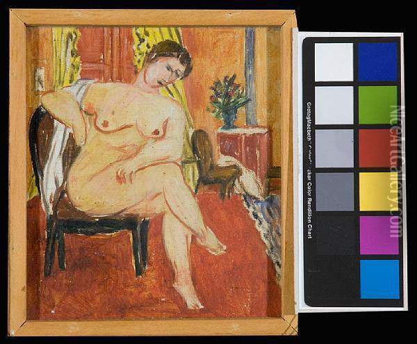 Seated Nude With Towel; Seated Nude In An Interior Oil Painting - Wolf Kibel