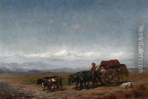 Bauer Mit Seinem Ochsenkarren In Weiter Kaukasischer Landschaft Oil Painting - Konstantin Nikolaevich Filippov