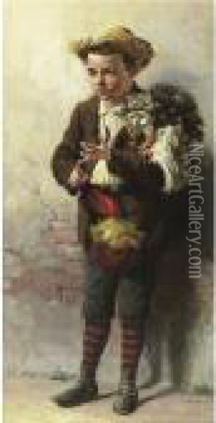Boy With Feather Dusters Oil Painting - John George Brown