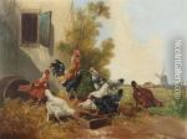 Chicken And Cocq On The Courtyard Oil Painting - Paul Henry Schouten