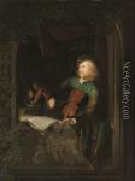 A Fiddler At A Casement Oil Painting - Gerrit Dou