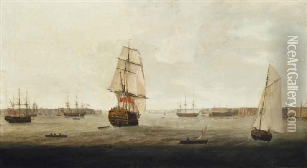 The Third Rate H.m.s. Theseus Heading Out Of The Harbour At Portsmouth Oil Painting - William Elliott