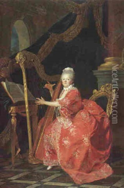 Portrait Of A Lady (madame Adelaide, Daughter Of Louis Xv?) Wearing A Pink Dress, Seated, Playing A Harp Oil Painting - Louis Michel van Loo