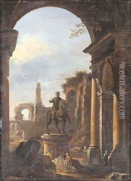 A capriccio of Roman ruins with peasants amongst ruins by the equestrian statue of Marcus Aurelius Oil Painting - Viviano Codazzi