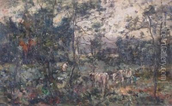 Cattle In A Wooded Landscape Oil Painting - William Charles Estall