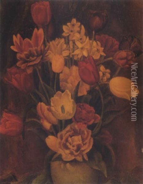 A Still Life With Tulips And Daffodils Oil Painting - Leo Gestel