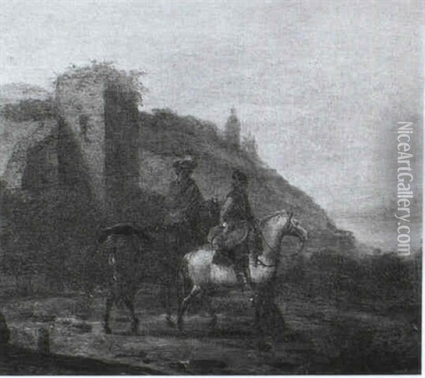 Two Horsemen Resting Before Roman Ruins Oil Painting - August Querfurt