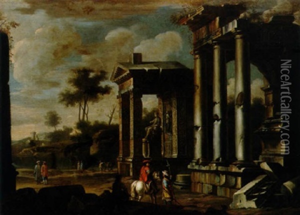 Capriccio Architettonico Con La Statua Di Un Imperatore Romano Nel Portico Di Un Tempio Oil Painting - Giovanni Ghisolfi