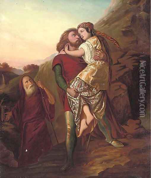 St. Christopher carrying a maiden guided by the hermit Oil Painting - Daniel Maclise