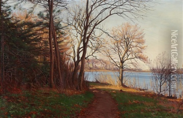 Sunny Autumn Day Near A Forest Lake Oil Painting - Sigvard Marius Hansen