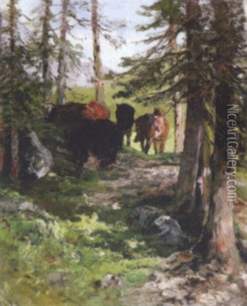 Pferde Am Sommerlichen Wald Oil Painting - Julius von Blaas